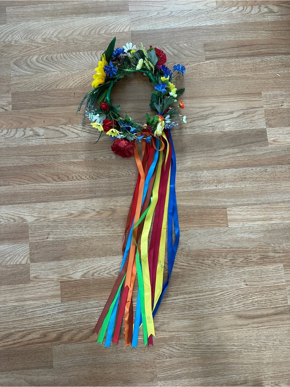 Ukrainian Origin Festive Multicolor Floral Wreath Headpiece with Rainbow Ribbons